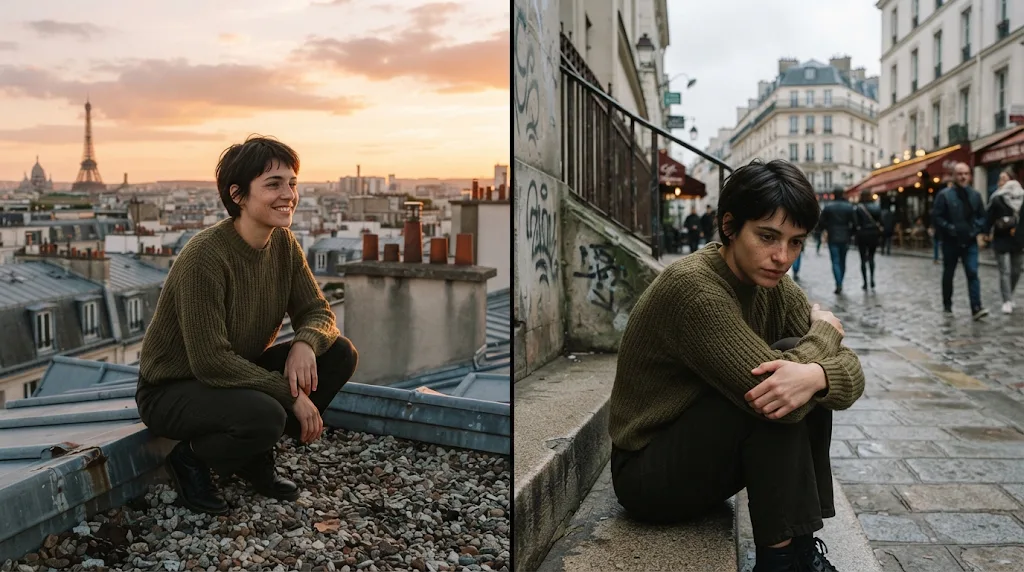 The same young woman with a short dark bob in two different poses