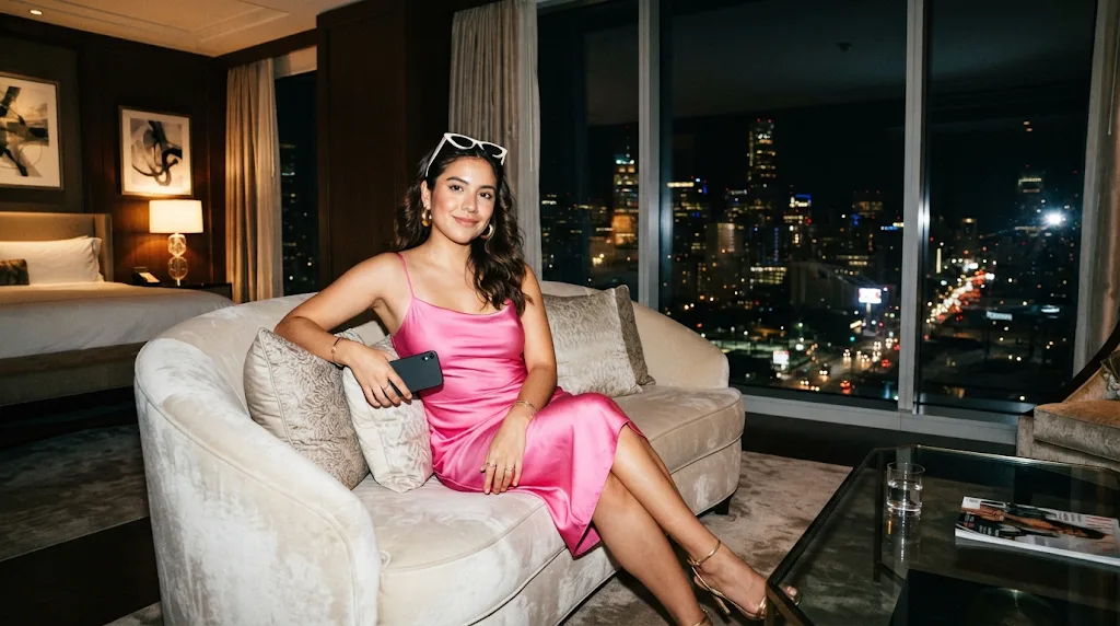 Woman in a pink dress and white sunglasses in a hotel suite at night