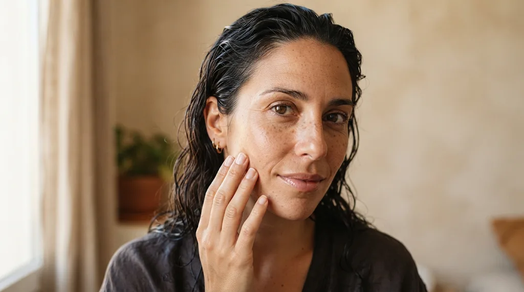 Close-up portrait of a woman with freckles and natural skin texture