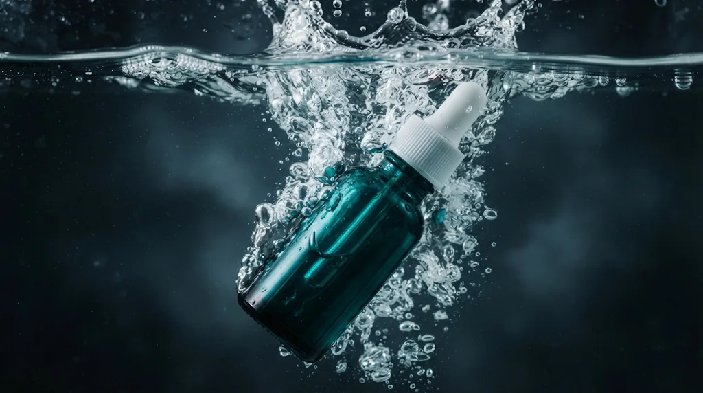 Glass serum bottle splashing into water, studio product photo