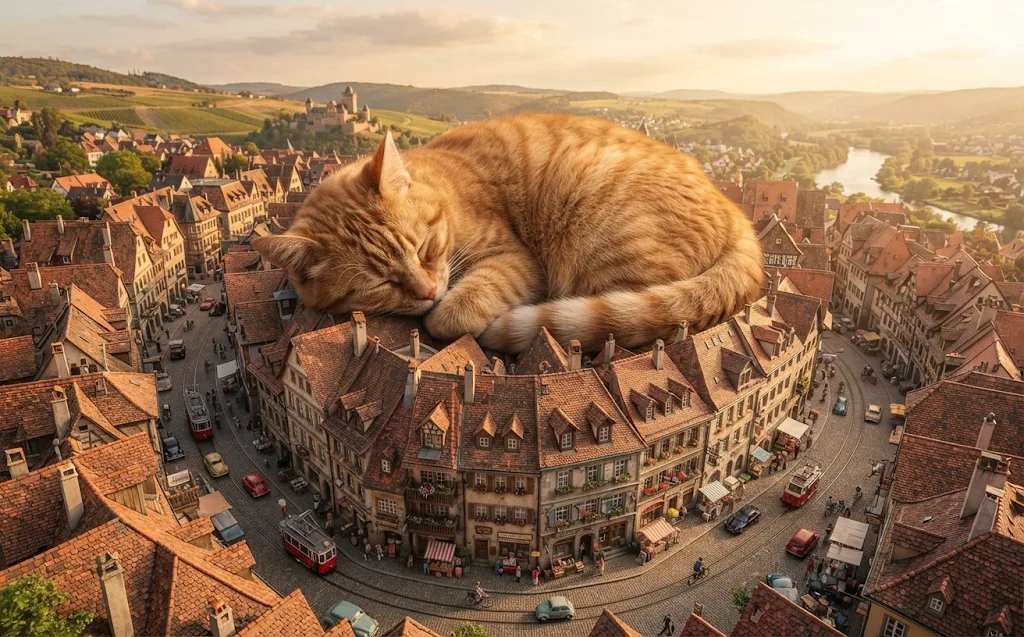 A giant ginger cat asleep across the rooftops of a miniature old town