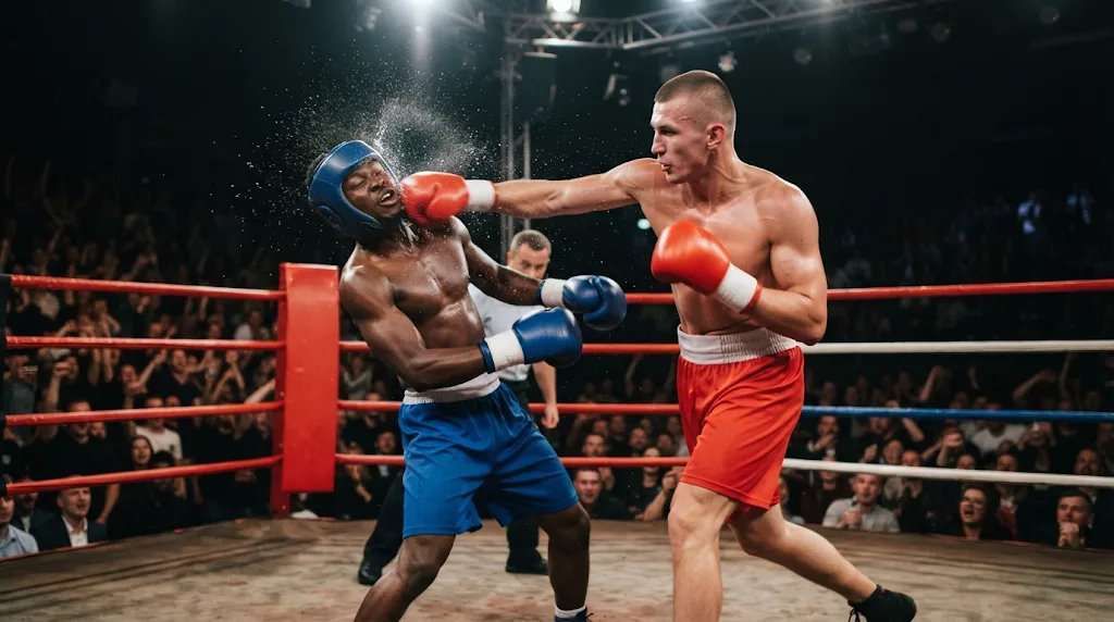 Two boxers trading punches under arena lights