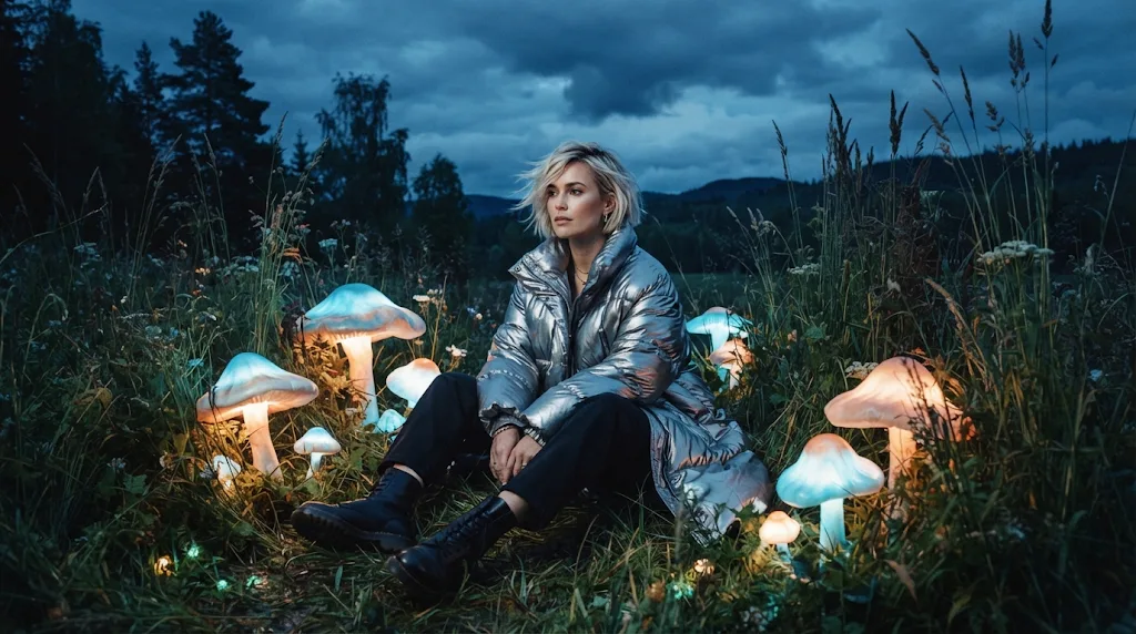 Fashion editorial: a woman in a silver coat among giant glowing mushrooms at dusk