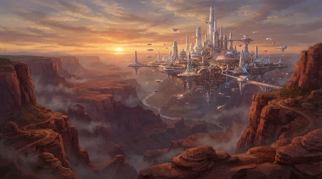 Floating city above a red desert canyon at sunset, matte painting