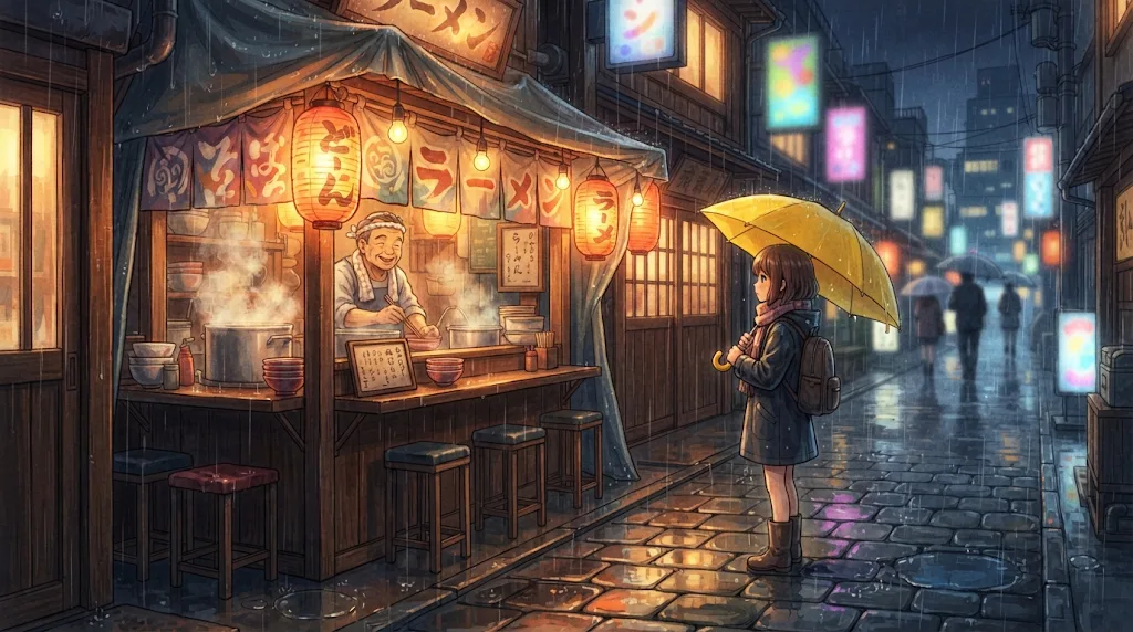 Anime-style noodle bar on a rainy night street