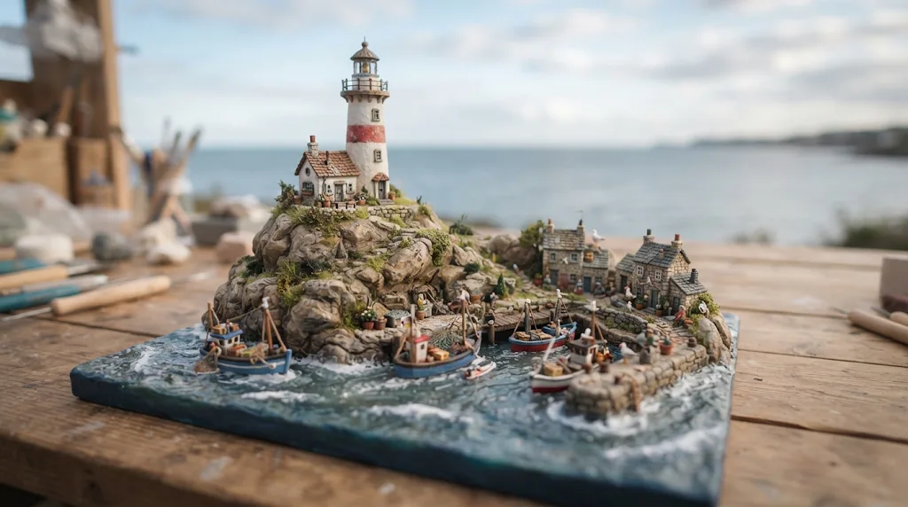Clay miniature of a lighthouse island with tiny boats