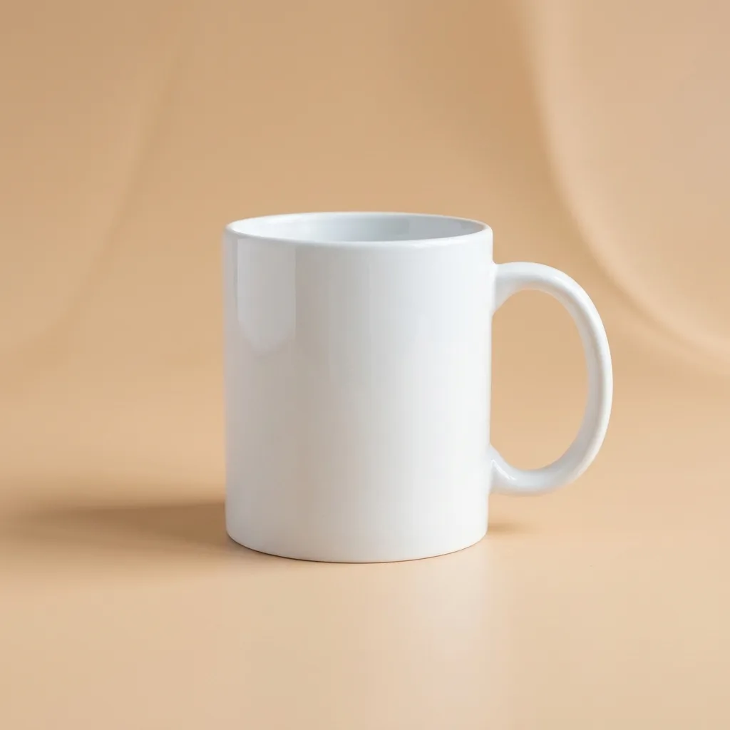A white mug on the same beige studio set
