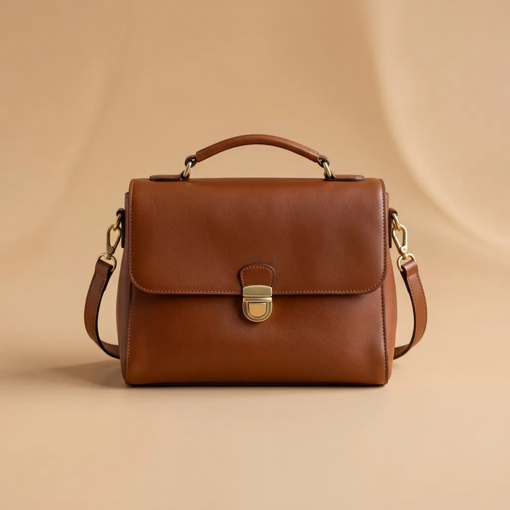 A brown leather handbag on the same beige studio set