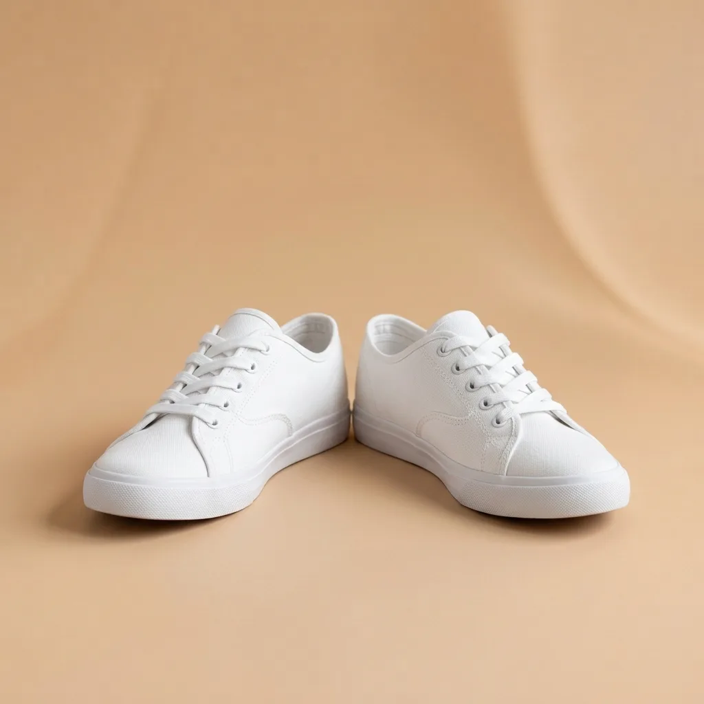 White canvas sneakers on the same beige studio set