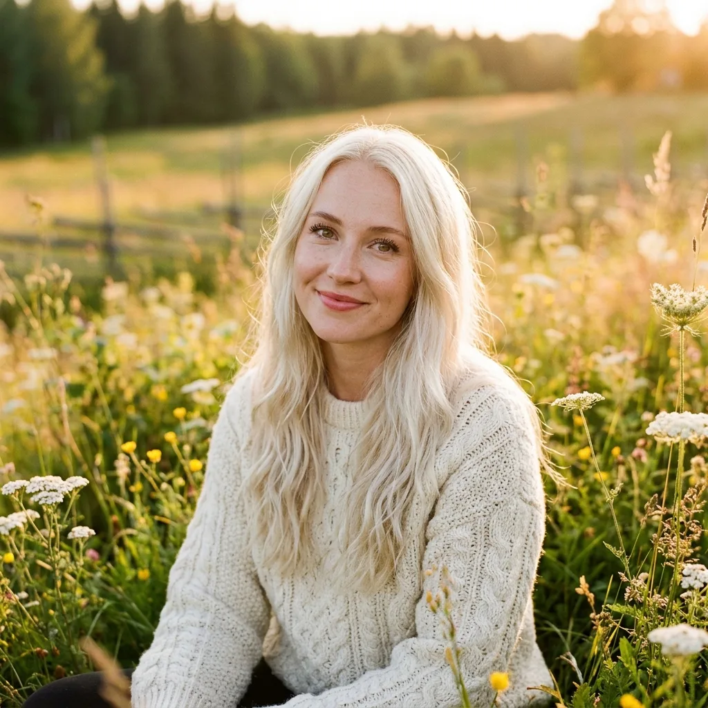 A Swedish woman in a cream sweater, the look kept in every edit