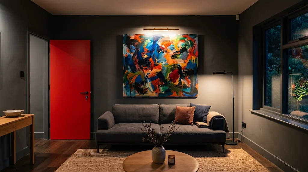 The same living room before the edit, with a red door and a painting