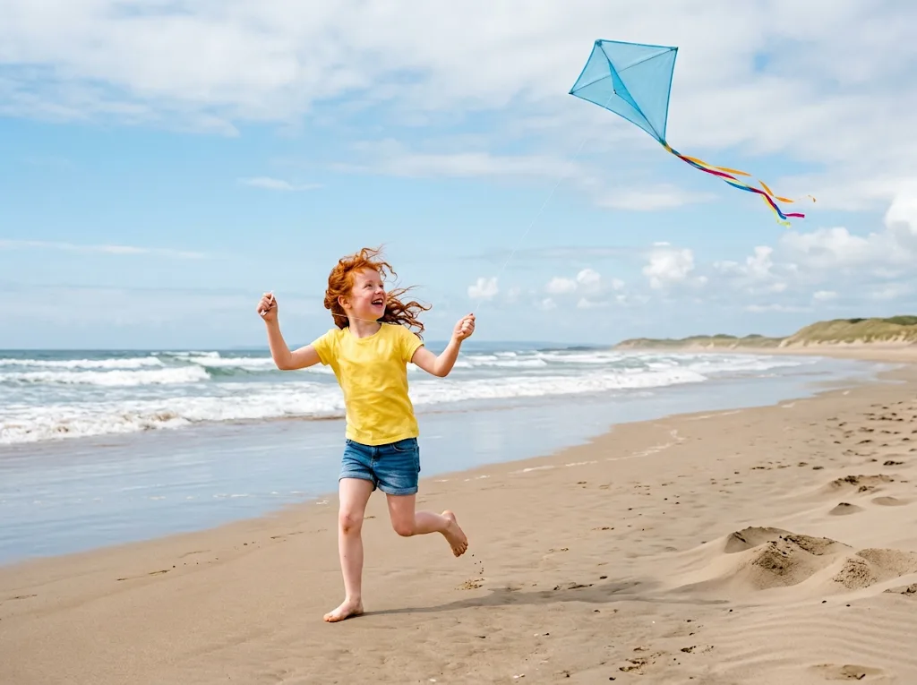 A girl flying a kite on a beach, before and after the people behind her were removed (after)