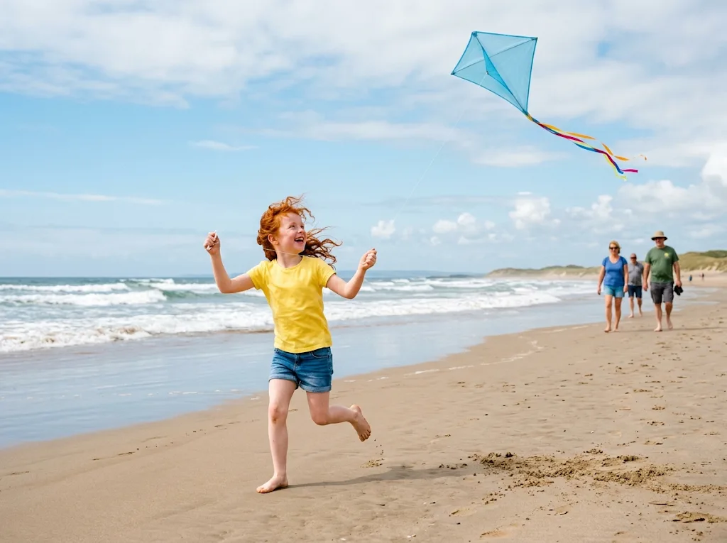 A girl flying a kite on a beach, before and after the people behind her were removed (before)