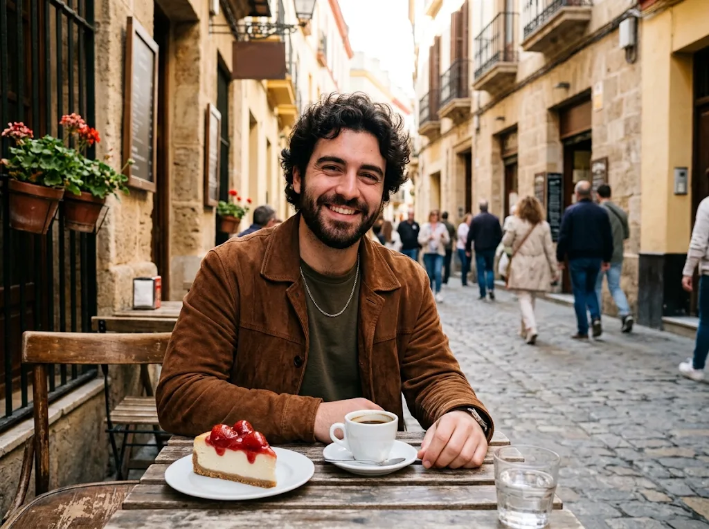 A man at a café table, before and after a slice of cheesecake was added to his empty plate (after)