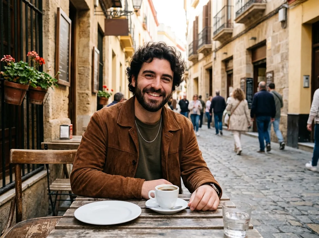 A man at a café table, before and after a slice of cheesecake was added to his empty plate (before)