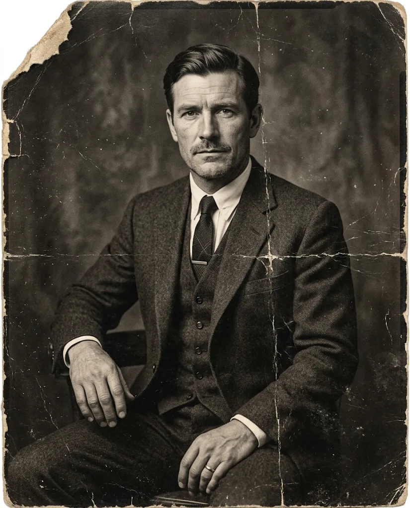 A faded, scratched black-and-white portrait of a man in a suit