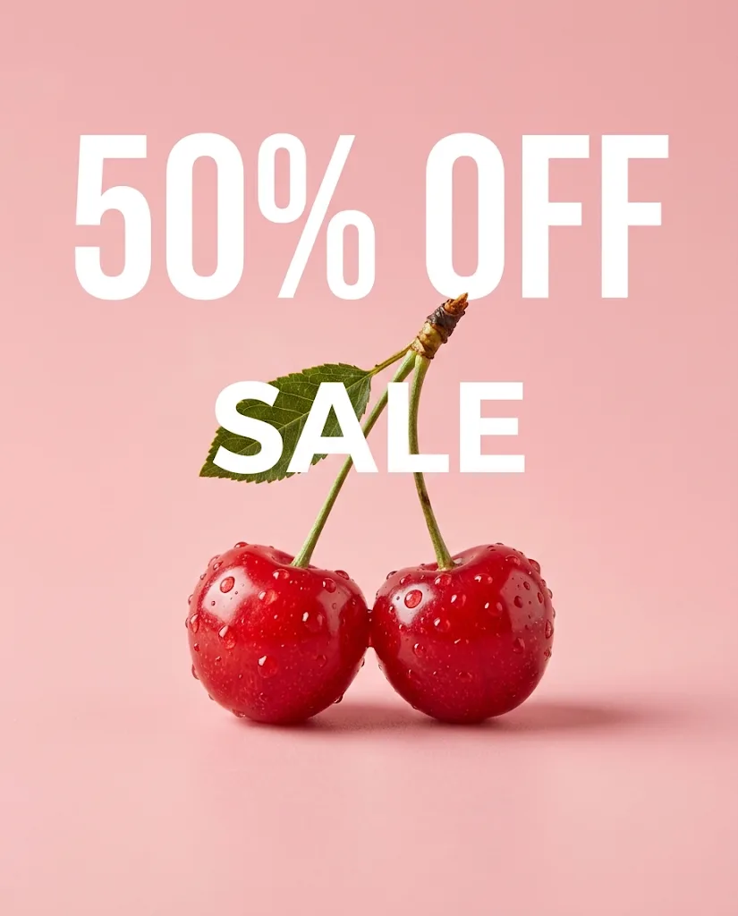 A pink product poster with two glossy cherries and the words 50% OFF SALE