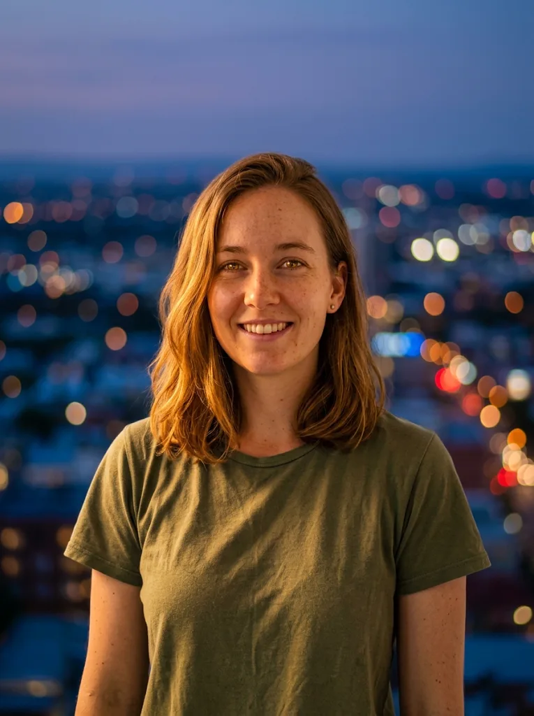 The same woman after the edit, with a warm glow and city lights behind her