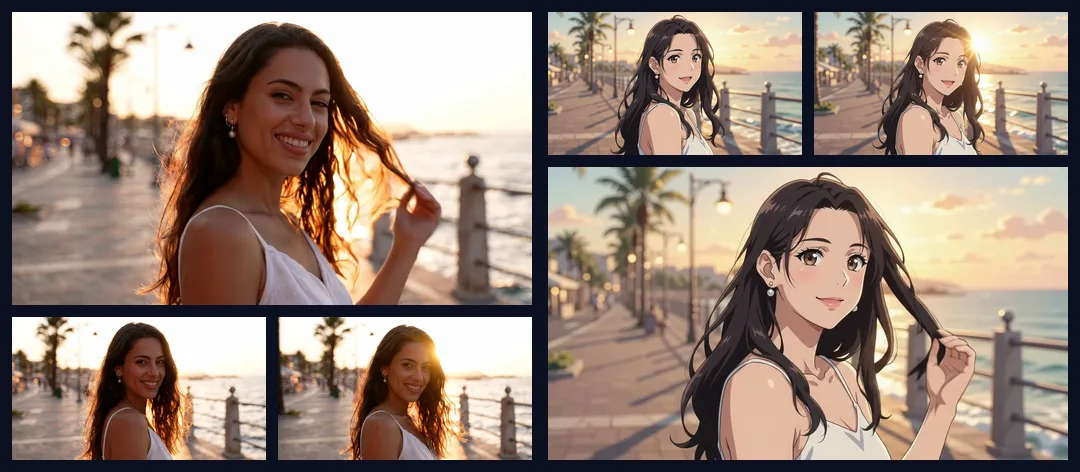 Frames from an original clip beside the same frames restyled as anime