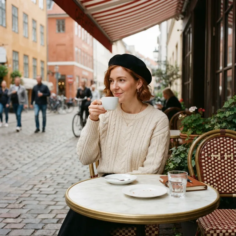 A woman with a black beret sipping coffee at a café table on a cobbled street