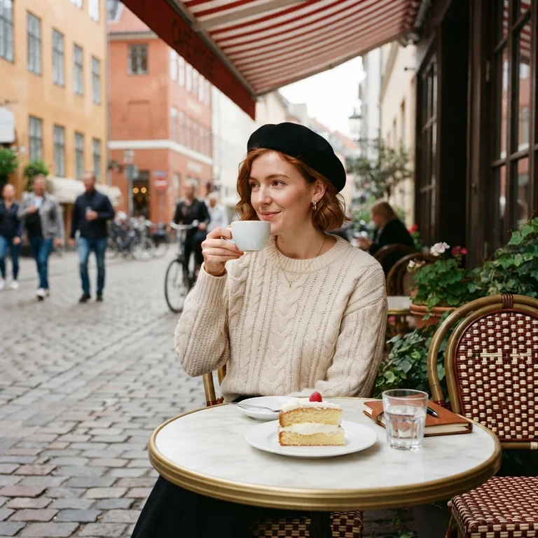 The same café scene, now with a slice of cream sponge cake on her plate