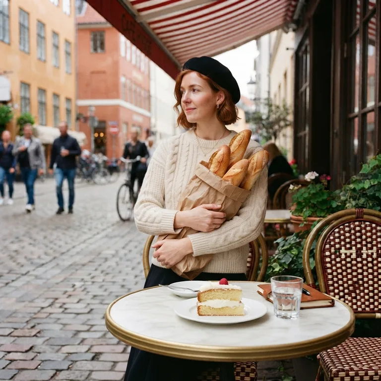 The same woman now standing by the café table holding a paper bag of baguettes