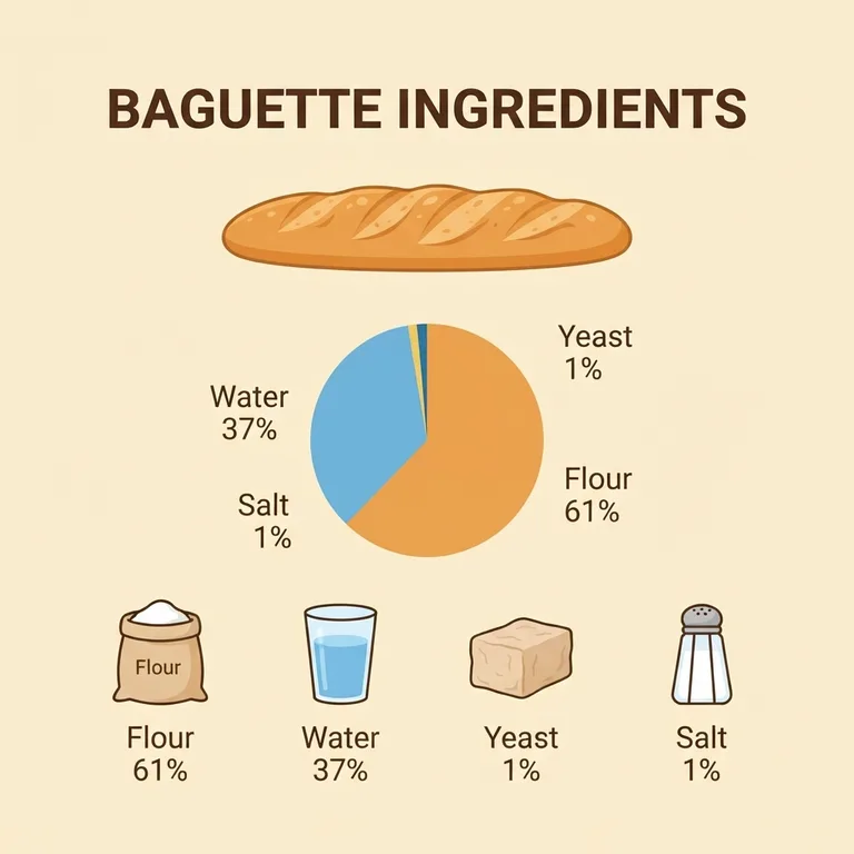 An infographic titled Baguette Ingredients with a pie chart of flour, water, yeast and salt