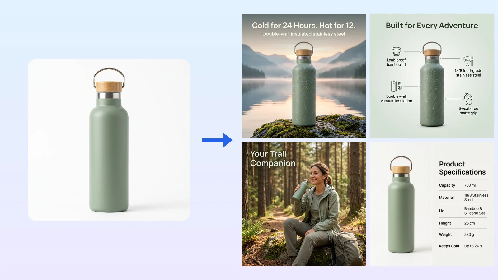 Four A+ content modules made from one product photo: hero banner, feature callouts, lifestyle scene and specification table