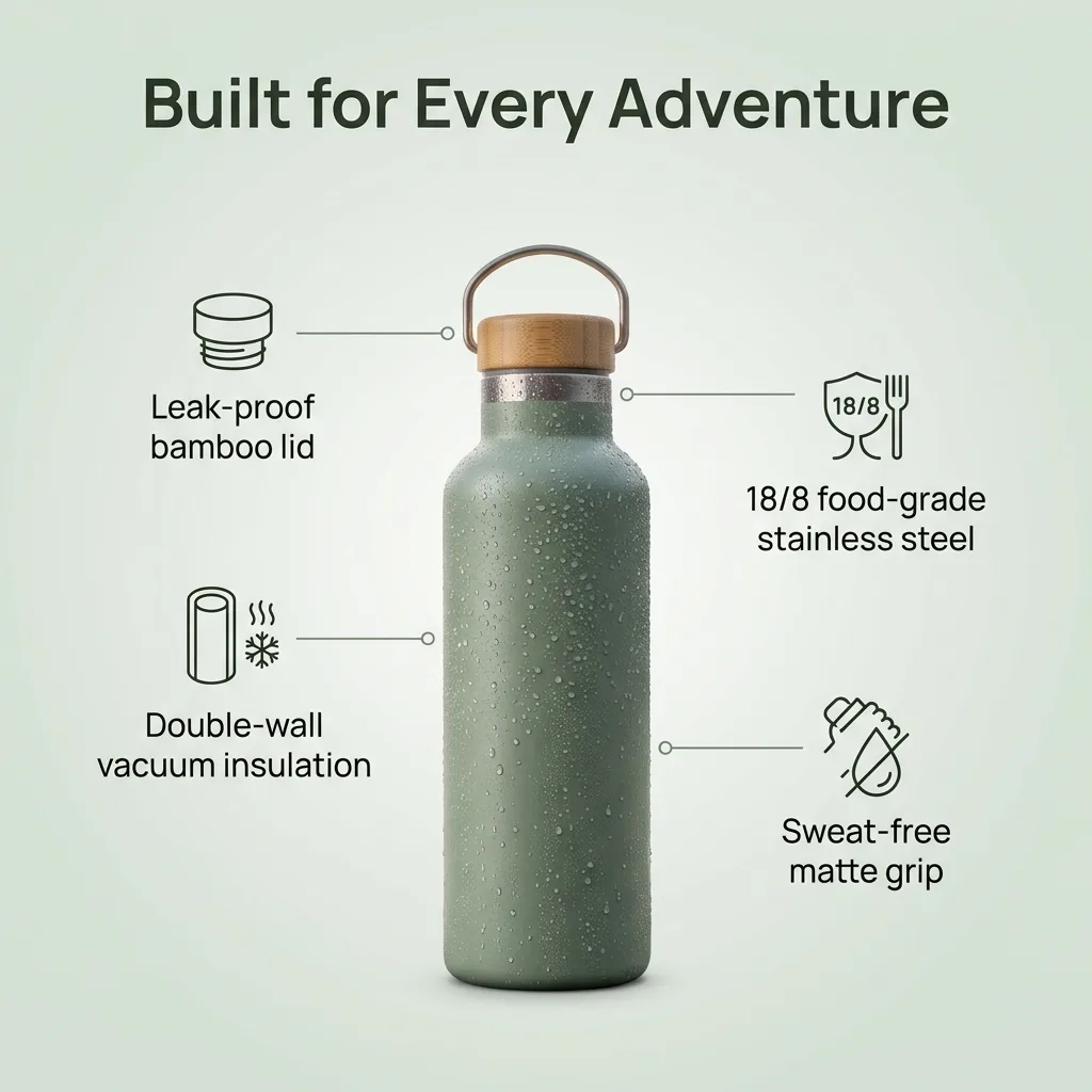 Feature callout module for a sage-green insulated bottle