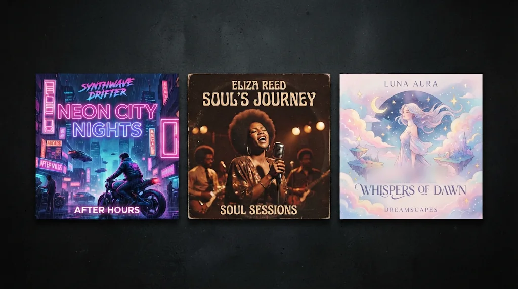 Three square AI album covers: neon city, vintage soul and dreamy pastel styles
