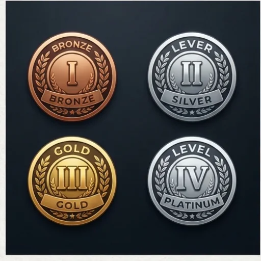 Set of four level badges from bronze to platinum in one style