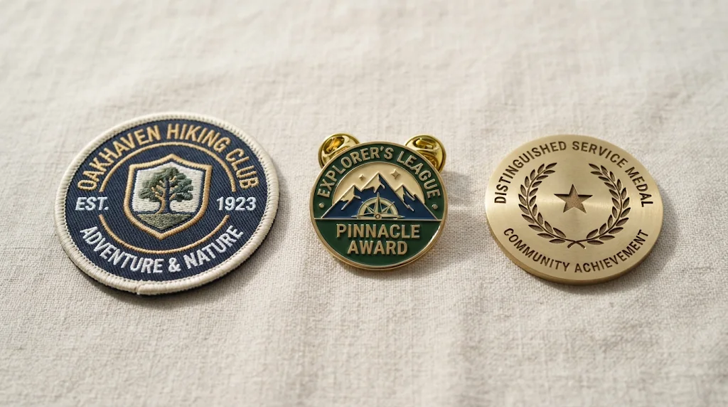 A set of AI badges: an embroidered club patch, an enamel pin and a flat achievement emblem