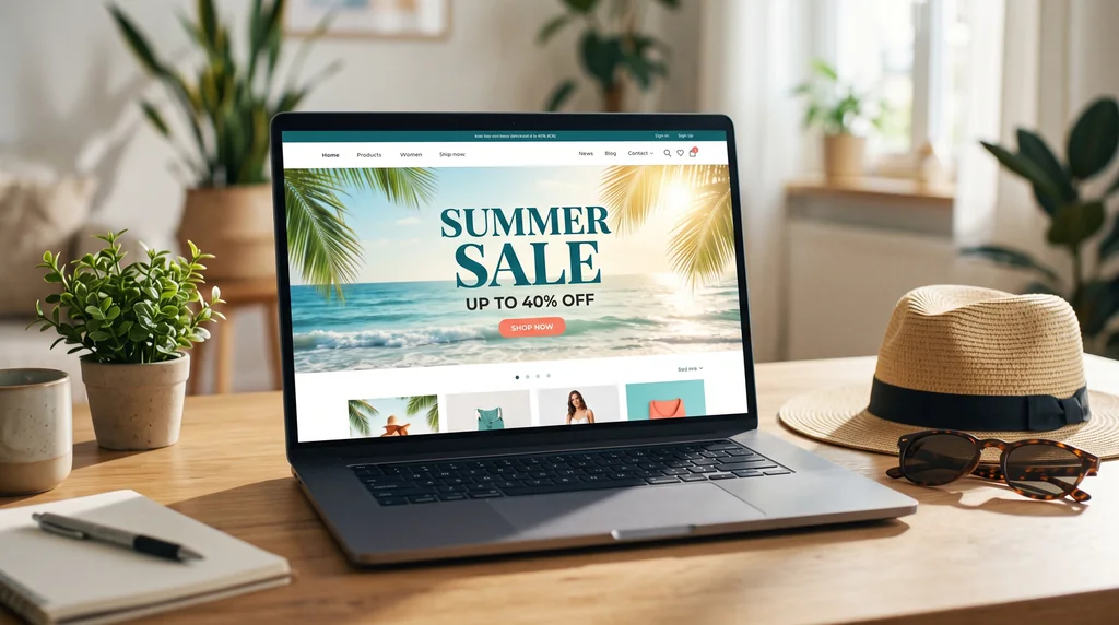 AI website banner for a summer sale shown on a laptop screen