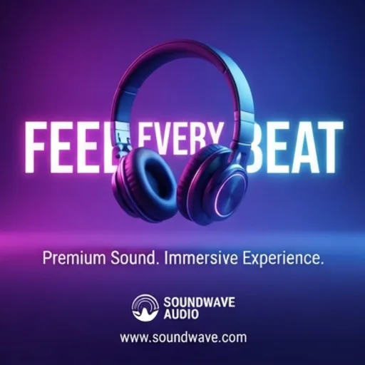 Banner with a pair of headphones lit as the hero on a purple gradient