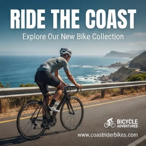 Banner for a bicycle shop with a bike on a coastal road and a headline
