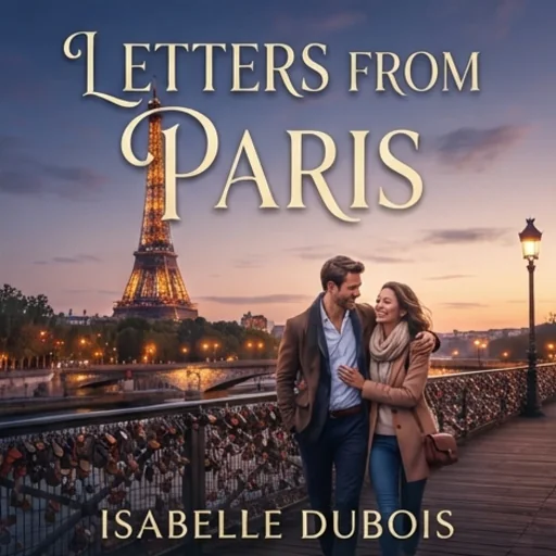 Romance novel cover with a couple on a Paris bridge at dusk