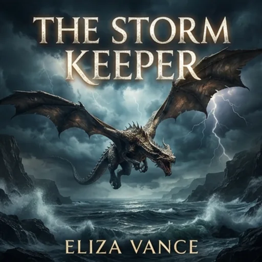 Fantasy book cover with a dragon over a stormy sea