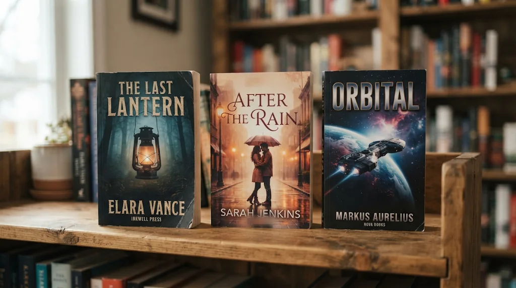 Three AI book covers for a mystery, a romance and a science-fiction novel