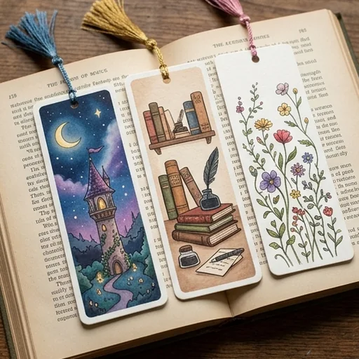 Three bookmarks with fantasy, study and floral themes