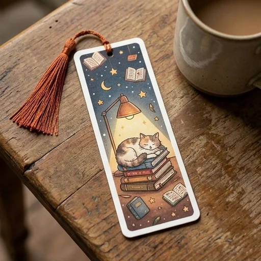 A bookmark with a cat reading under a lamp