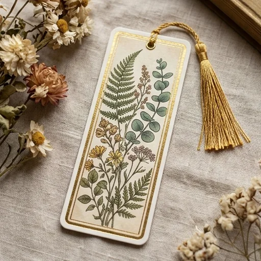 A detailed botanical bookmark with a gold border