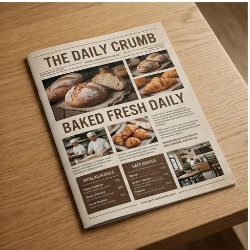 A brochure built around uploaded photos of a bakery