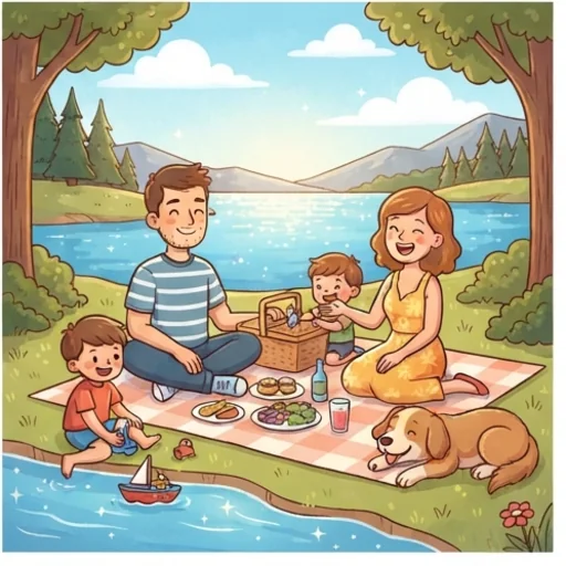 Balanced cartoon scene of a picnic by a lake with clear focus