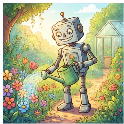 Cartoon of a friendly robot gardener watering flowers