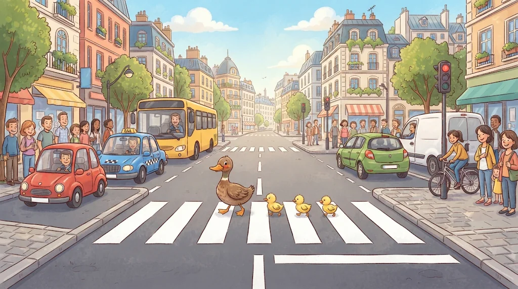 AI cartoon illustration of a family of ducks crossing a city street