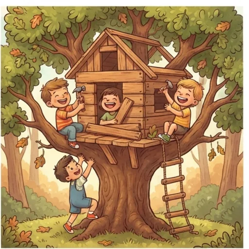 Storybook cartoon of children building a treehouse