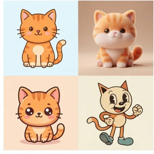 The same cat character drawn in 2D, 3D, chibi and retro styles