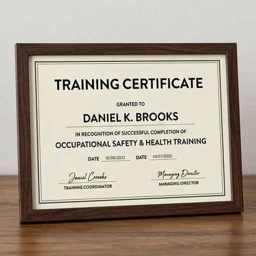 A training certificate with a clear layout and two signature lines