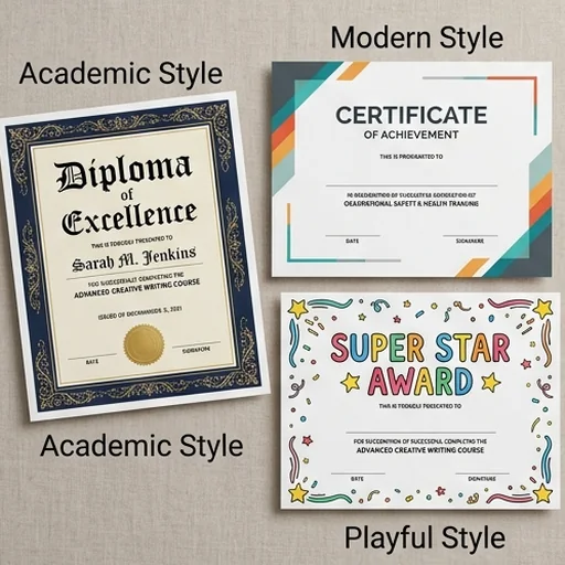 Certificates in academic, modern and playful styles