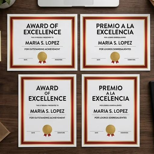 The same award certificate in English and Spanish versions